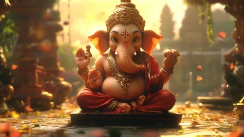 Elephant-headed deity statue in ornate seated pose outdoors.