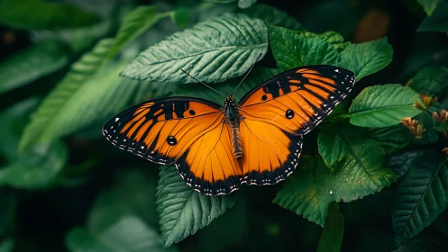 Orange butterfly on green foliage in close-up view.