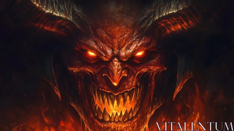 Lava-etched demonic warlord portrait with molten horns and fangs