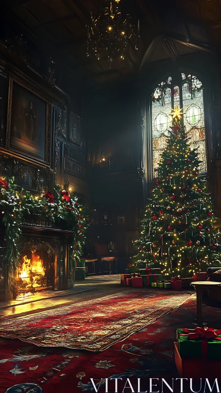Interior view shows decorated Christmas tree beside fireplace