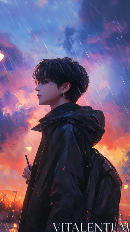 Side profile of youth in rain under vivid sunset sky.
