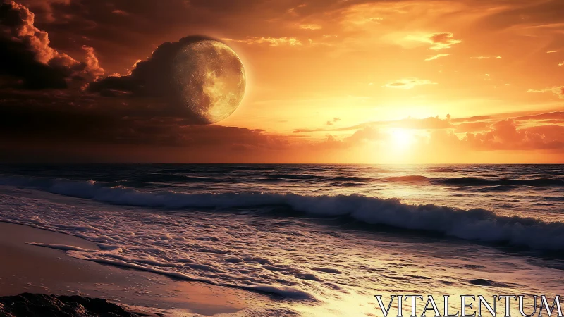 Large moon over ocean waves at orange sunset horizon.