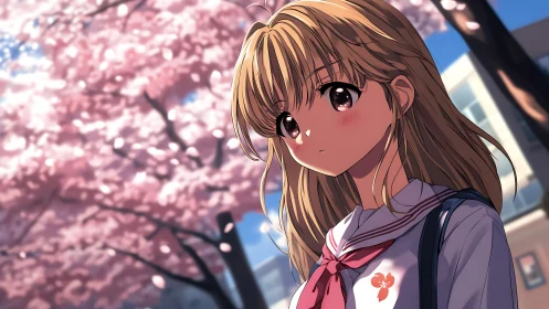 Anime schoolgirl under chromatic bokeh of spring sakura light.