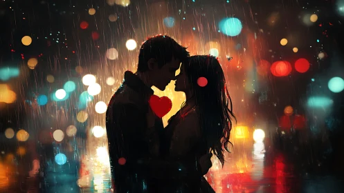 Two Hearts Ablaze in Urban Rain: Love's Luminous Moment.