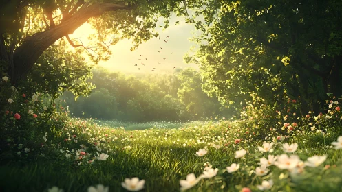 Sunlit wildflower meadow beneath lush forest canopy.