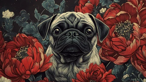 Gentle pug nestled in bold red blooms and dreamy florals.