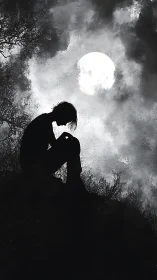 Moonlit silhouette cradles quiet sorrow on a lonely hilltop.