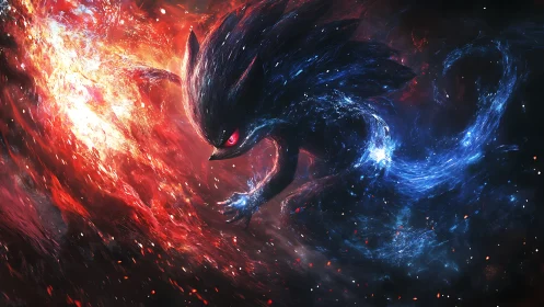 Cosmic fox spirit races through swirling fire and stardust