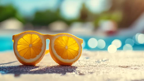 Photorealistic lemon sunglasses by poolside, shallow depth of field.