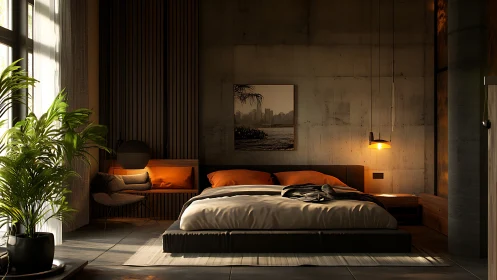 Golden hour bedroom where city calm meets soft comfort.