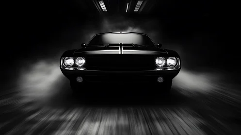 Classic muscle car front view in dark motion scene.