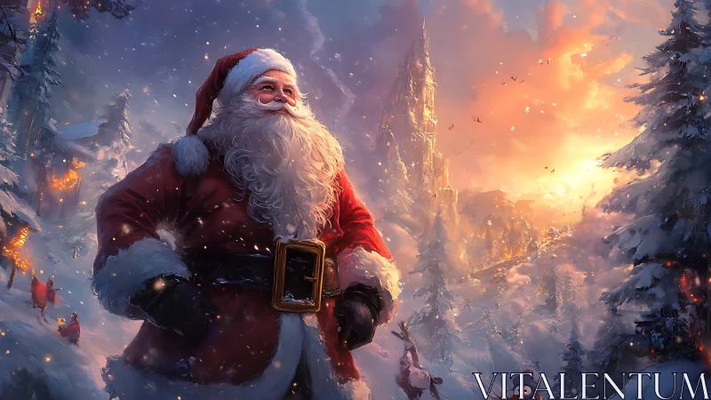 Santa strolling through a glowing winter wonderland at dusk.