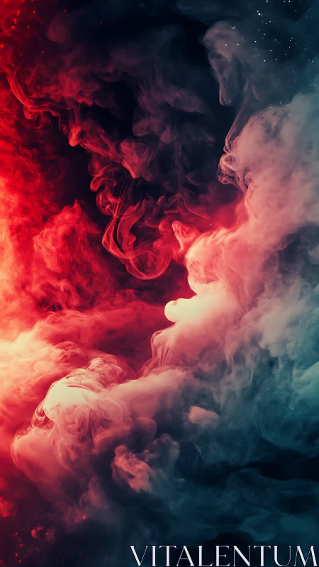 Contrasting red and blue smoke plumes form dense vertical column