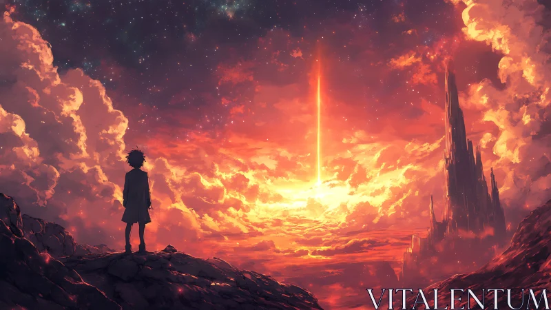 Boy watching fiery sky beam over distant dark citadel.
