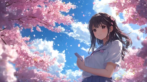 Springtime anime portrait under saturated cherry blossoms.
