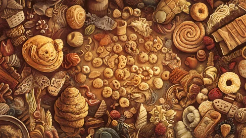 Overhead composition showcasing artisanal bakery items in warm earthy palette.