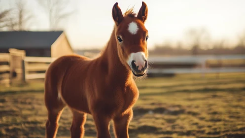 Backlit foal portrait in warm rural evening light.