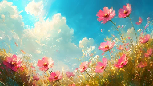 Pink Cosmos Flowers Bloom Under Brilliant Sky.