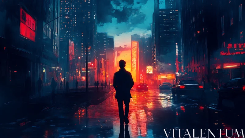 Lone figure crosses neon city street in cinematic twilight.