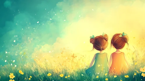 Two young girls with voluminous auburn buns observing luminous yellow meadow.