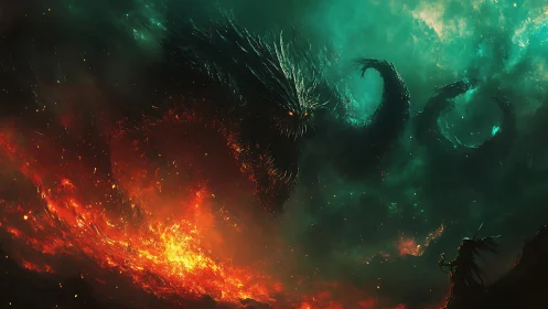 Colossal cosmic leviathan emerges over molten infernal landscape