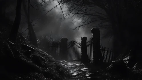 Moonlit iron gate guards a mist-drenched haunted woodland path.