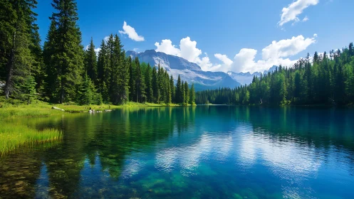 Alpine lake mirrors pine forests and distant rugged peaks.