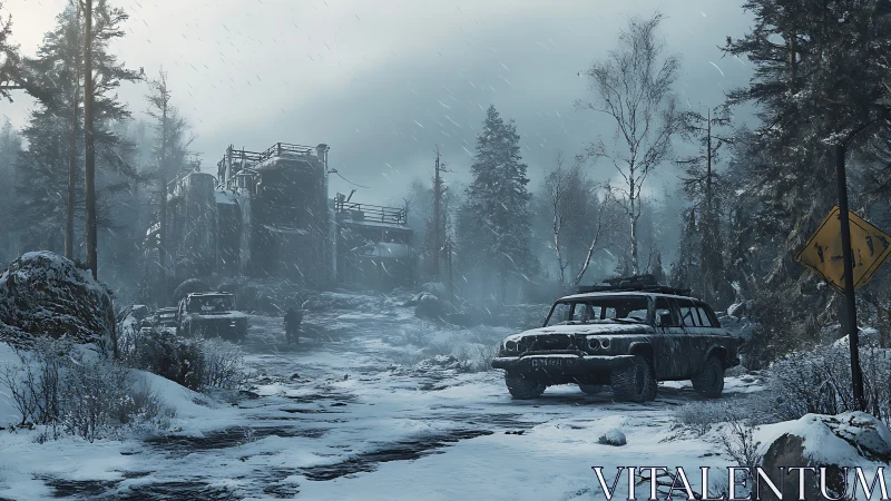 Snowbound derelict vehicles near decaying industrial facility.