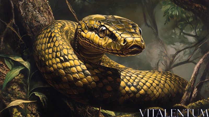 Golden snake coiled on forest floor with detailed scales.