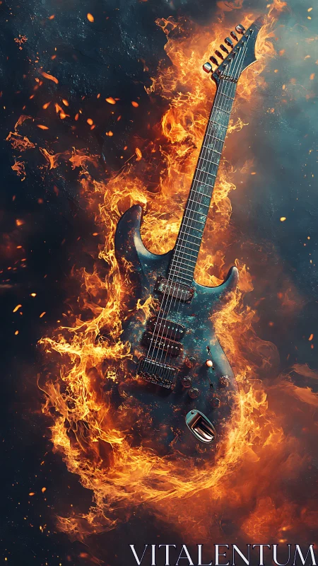Electric guitar engulfed in flames against dark atmospheric background