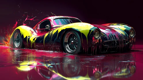 Neon sports car drenched in liquid paint on wet floor.