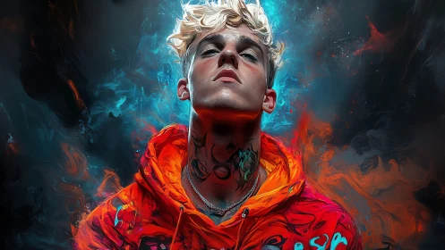 Vibrant neon portrait of blond youth in fiery abstract hoodie
