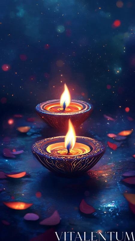 Digital painting of festive oil lamps with bokeh-lit petals.