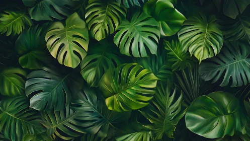 Emerald jungle leaves weave a lush, layered tropical tapestry.