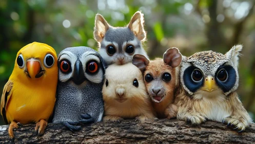 Wide-eyed woodland cuddle crew perched in playful harmony.