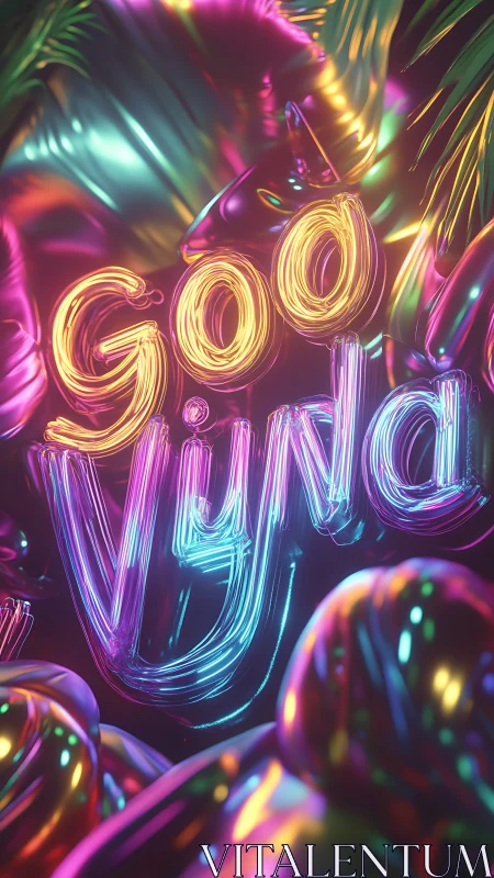 Neon volumetric “Good Vibes” typography in reflective foil scene.
