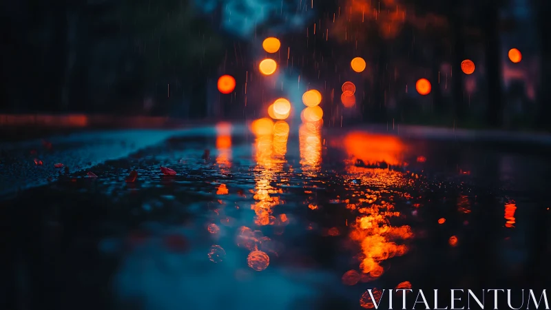 Urban street puddle with raindrops and blurred light reflections.