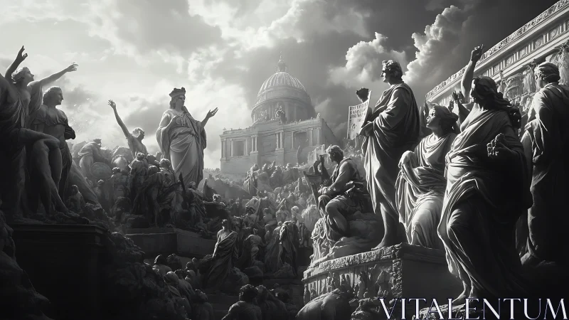 Monochrome monumental plaza with classical statues crowding.