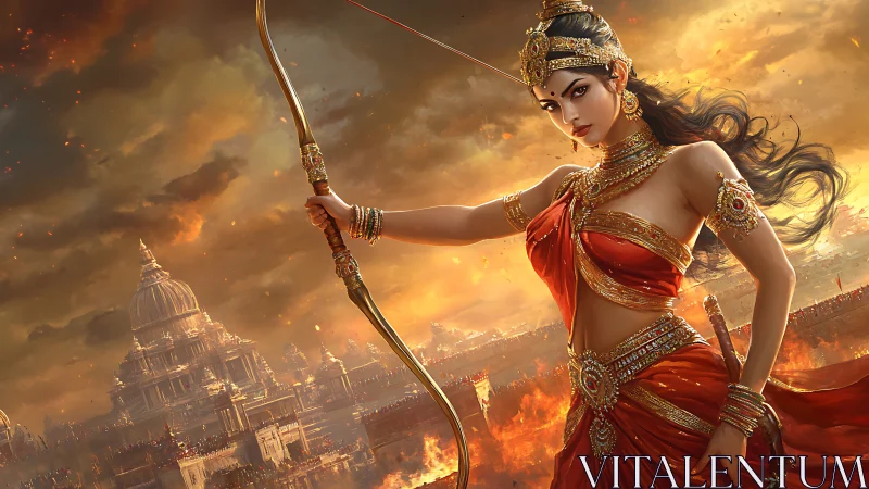 Warrior goddess draws bow against burning golden city