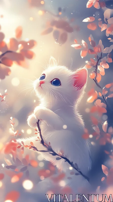 White Kitten with Blue Eyes Among Cherry Blossoms.
