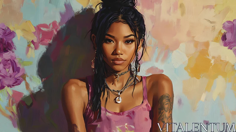 Portrait of tattooed woman against soft floral brushstrokes.