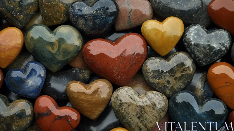Polished stone heart sculptures in varied mineral colors