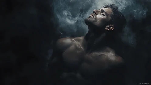 Sweat-sheened dreamer rises through stormy midnight vapor