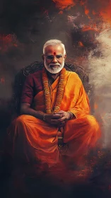 Seated elder in orange robes is rendered in digital portrait
