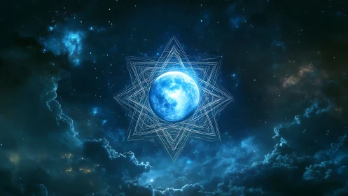 Luminous blue planet encircled by geometric astral star lattice