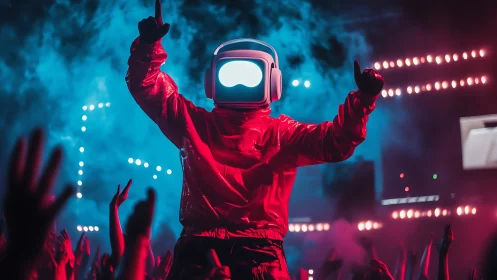 Helmeted rave astronaut conducts a neon storm of cheering hands