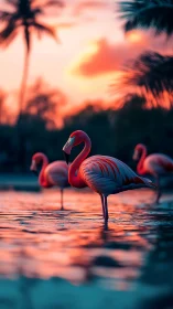 Sunset flamingos stand in glowing tropical shallows.