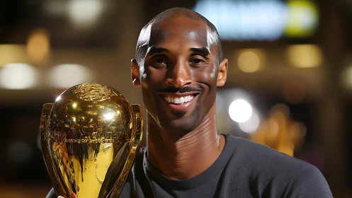 Smiling basketball player holding reflective gold trophy.