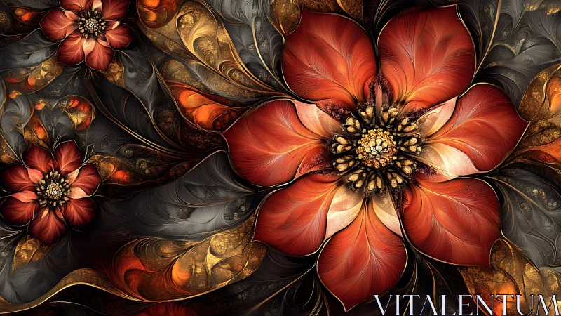 Red fractal flower pattern with gold and black background.
