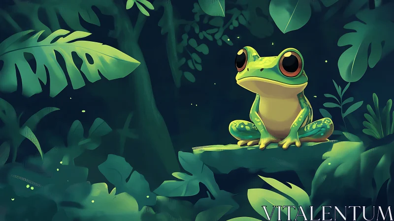 Wide-eyed frog rests on glowing jungle branch at night.